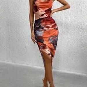 Privé Ladies Tie-dye Slit Cowl Neck Dress